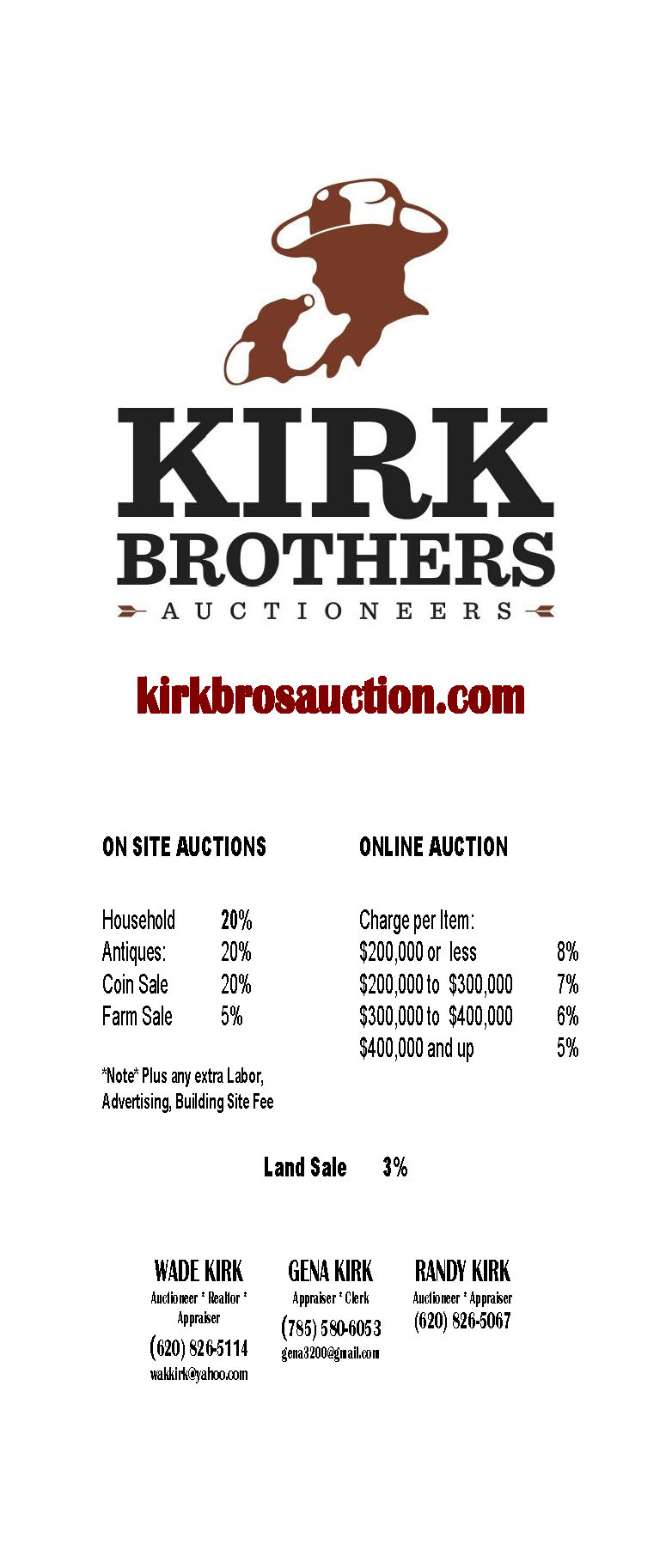 Kirk Brothers Auctioneers rates